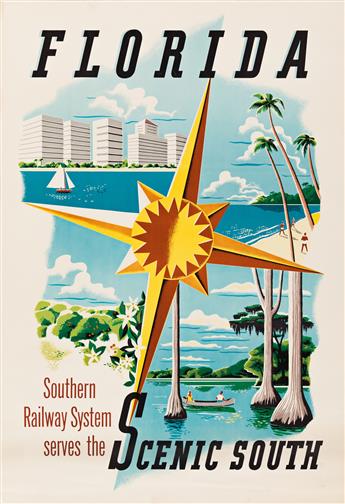 Designer Unknown.  FLORIDA / SOUTHERN RAILWAY SERVES THE SCENIC SOUTH. Circa 1950s.